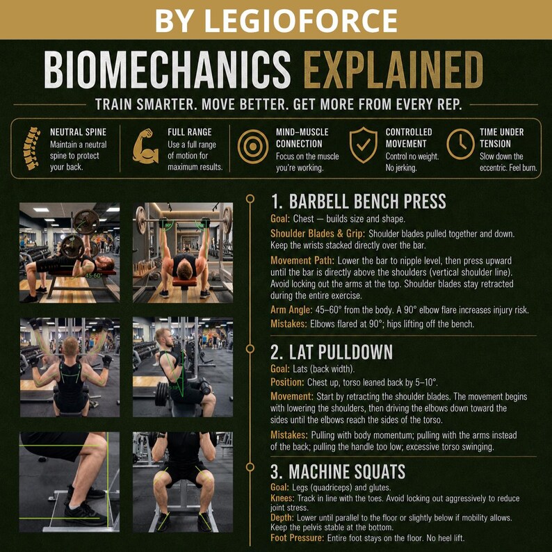 May include: An instructional infographic titled BIOMECHANICS EXPLAINED BY LEGIOFORCE. It features six photographs of individuals performing gym exercises, including barbell bench press, lat pulldown, and machine squats, with detailed text instructions.