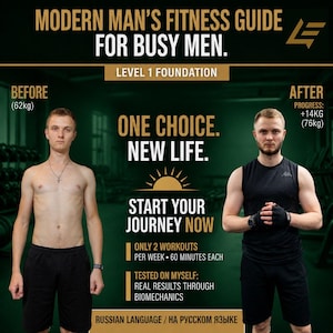 Puede incluir: Una guía de fitness titulada Modern Man's Fitness Guide For Busy Men, Level 1 Foundation. Presenta una comparación de antes y después de una persona, mostrando un aumento de peso de 62kg a 76kg. El texto incluye One Choice. New Life. Start Your Journey Now.