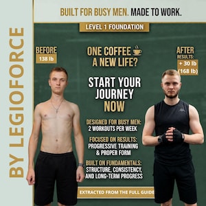 May include: A before and after comparison graphic by LEGIOFORCE featuring a person at 138 lb and 168 lb. Text includes BUILT FOR BUSY MEN. MADE TO WORK. LEVEL 1 FOUNDATION, ONE COFFEE A NEW LIFE?, START YOUR JOURNEY NOW, and training program details.
