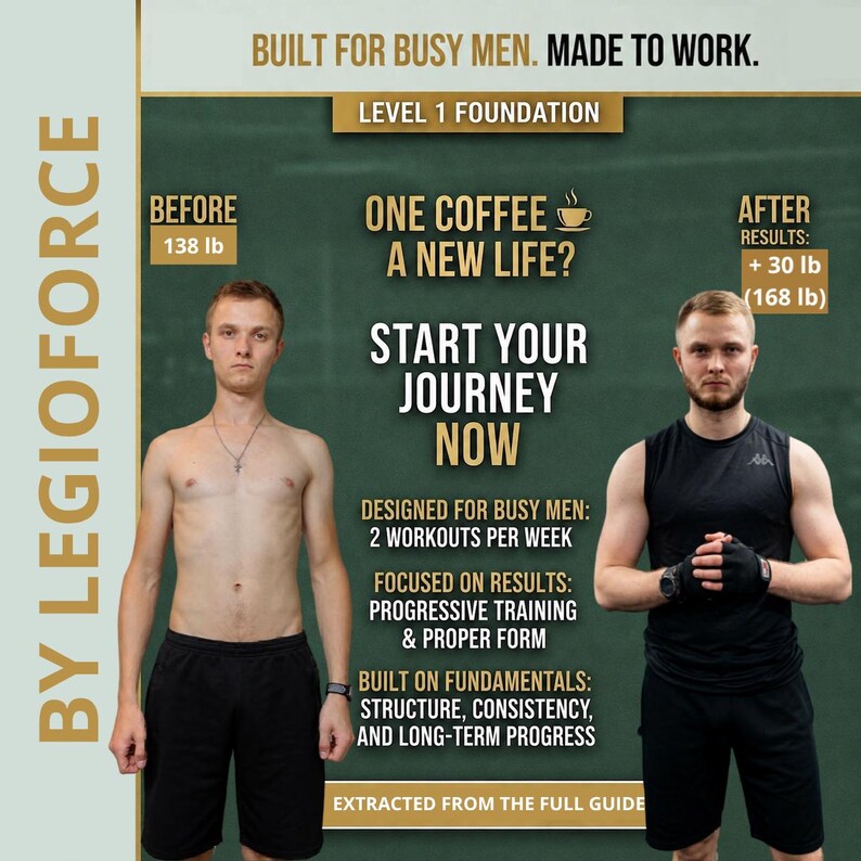 May include: A before and after comparison graphic by LEGIOFORCE featuring a person at 138 lb and 168 lb. Text includes BUILT FOR BUSY MEN. MADE TO WORK. LEVEL 1 FOUNDATION, ONE COFFEE A NEW LIFE?, START YOUR JOURNEY NOW, and training program details.