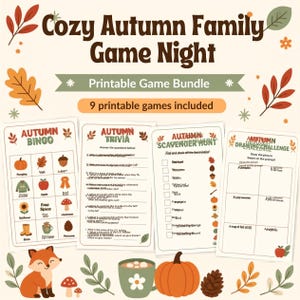 Può includere: Un set di giochi stampabili intitolato Cozy Autumn Family Game Night che include 9 giochi. Il set comprende fogli per bingo, quiz, caccia al tesoro e sfide di disegno, decorati con illustrazioni di zucche, foglie e una volpe.
