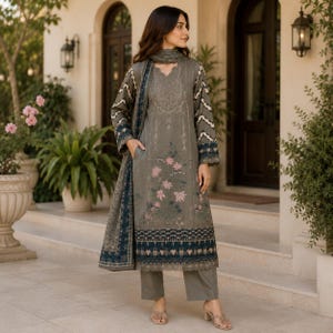 May include: A long-sleeved, knee-length taupe tunic with a V-neckline, featuring pink floral embroidery on the front, dark blue patterned sleeve cuffs, and a dark blue hem border. It is paired with matching taupe trousers and a coordinating shawl.