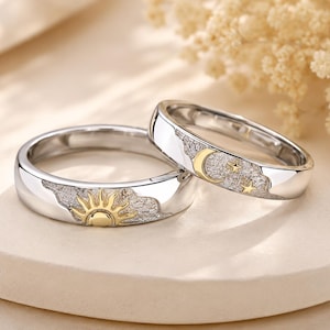 Sun and Moon Couple 14K Solid Gold Ring Set, Matching Promise Rings, Celestial Wedding Band, His and Hers Ring, Anniversary Gift for Couples