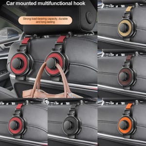 Puede incluir: Un gancho multifuncional para coche con diseño circular y perilla central. El gancho está disponible en varios colores, incluyendo rojo, beige, marrón, negro y naranja, y se muestra fijado al reposacabezas de un asiento sujetando un bolso.