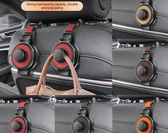 May include: A car mounted multifunctional hook featuring a circular design with a central knob. The hook is available in various colors including red, tan, brown, black, and orange, and is shown attached to a vehicle headrest holding a handbag.