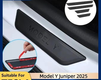 May include: A set of four black door sill protection strips for a Tesla Model Y, featuring the embossed text MODEL Y. The strips have adhesive backing with red protective tape, designed for installation on the vehicle's interior door frame.