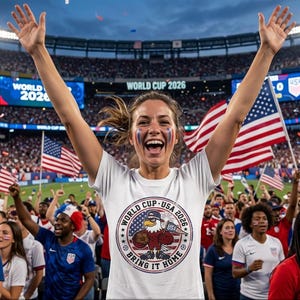 May include: A white t-shirt featuring a circular graphic with the text World Cup USA 2026 Bring It Home, depicting a cartoon eagle wearing a baseball cap and sunglasses, holding a football and a small American flag pennant.