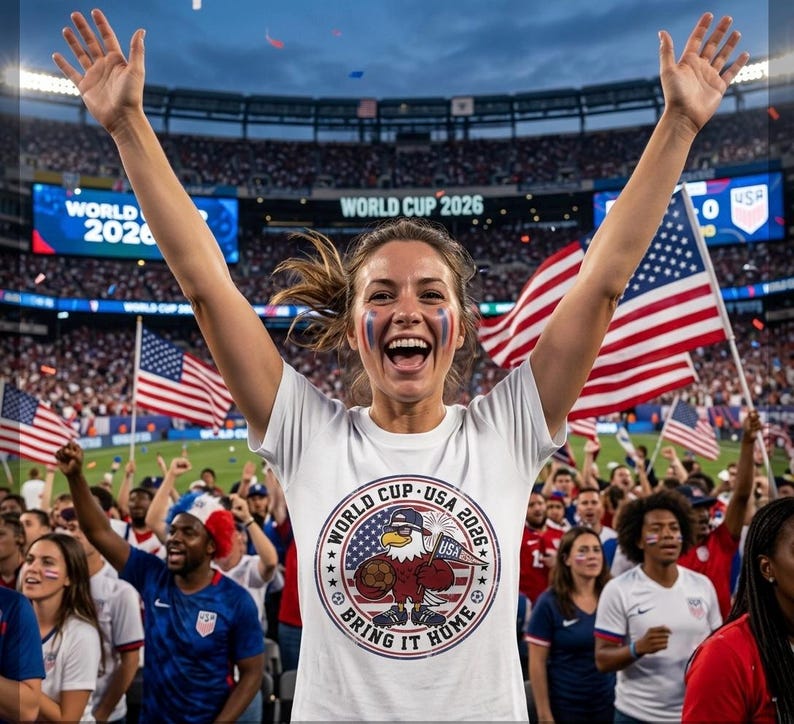 May include: A white t-shirt featuring a circular graphic with the text World Cup USA 2026 Bring It Home, depicting a cartoon eagle wearing a baseball cap and sunglasses, holding a football and a small American flag pennant.