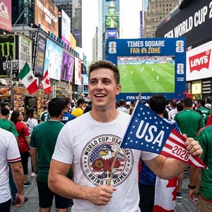 May include: A white crew neck t-shirt featuring a circular graphic of an eagle wearing sunglasses and a cap, holding a football, with the text World Cup USA 2026 Bring It Home. A blue triangular pennant with white stars and USA 2026 text.