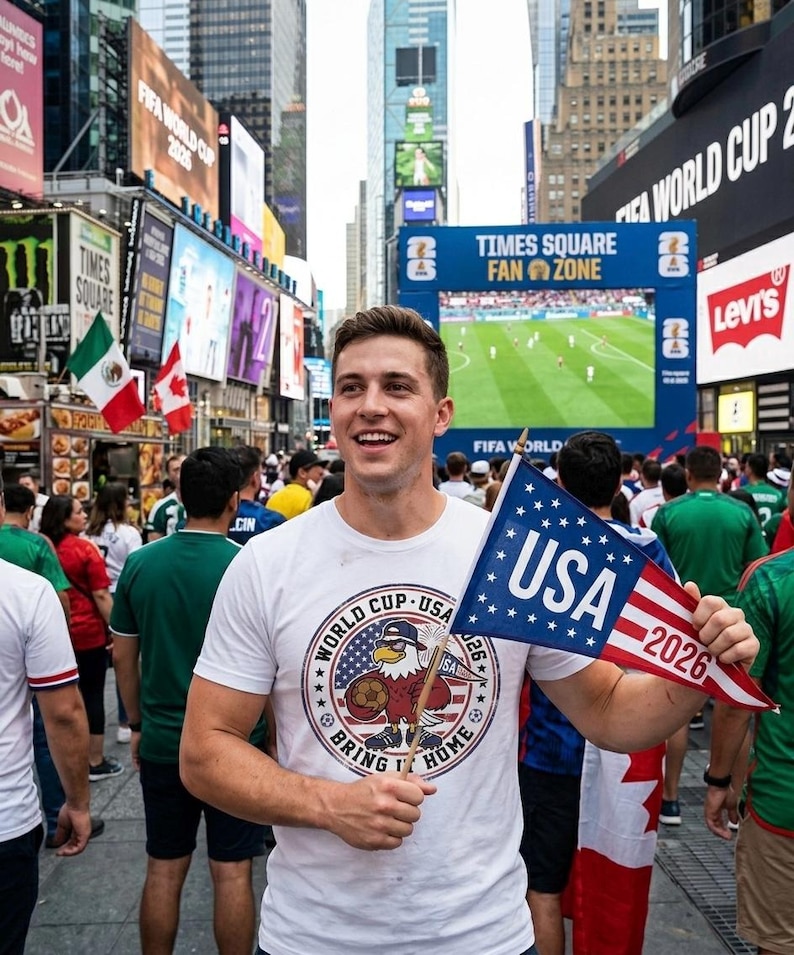May include: A white crew neck t-shirt featuring a circular graphic of an eagle wearing sunglasses and a cap, holding a football, with the text World Cup USA 2026 Bring It Home. A blue triangular pennant with white stars and USA 2026 text.