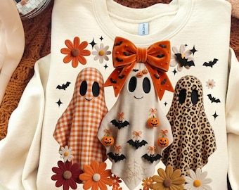 Patchwork-spook PNG, Halloween-spook met bloemenstrik, gewatteerde Halloween-png, griezelig seizoen sublimatieontwerp, schattig spook-clipart
