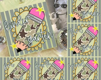 Retro vintage camo potlood PNG-bundel, jongens Varsity Back to School sublimatie, pre-K tot 4e leerjaar eerste dag digitaal