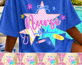 Preppy verpleegsterbundel png, blauwe geruite NICU cna RN medische sublimatie, retro ziekenhuisberoep shirtontwerp, schattig digitaal zorgbestand