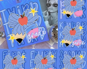 Preppy Back to School png-bundel, blauwe pastel potloodstrik clipart, eerste schooldag, leraar appel, pre-K tot 4e graad sublimatie