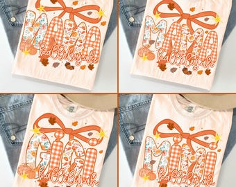 Preppy herfstmoeder png-bundel, gestreepte coquette bloemenpompoenstrik, trendy herfstshirtontwerp, Pumpkin Spice-sublimatie