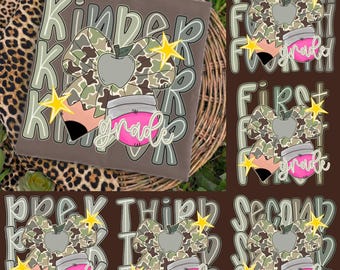 Retro camouflage terug naar school png-bundel, camouflagepotlood clipart, eerste schooldag, leraar appel, pre-K tot 4e leerjaar sublimatie