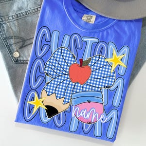 Custom Name Back to School PNG, Preppy Blue Plaid Pencil Bow Sublimation, First Day of School Teacher Apple Design, Preschool to 4th Grade