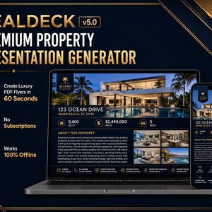 Könnte beinhalten: Ein digitales Marketing-Tool namens REALDECK v5.0 Premium Property Presentation Generator, angezeigt auf einem Laptop- und Smartphone-Bildschirm. Die Benutzeroberfläche zeigt ein Luxusvillen-Inserat mit Objektdetails, Fotos und Symbolen für die Offline-Nutzung.