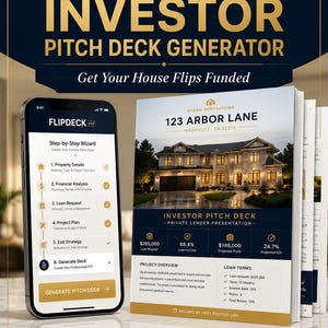 Puede incluir: Una herramienta de marketing digital titulada Flipdeck v2.0 Investor Pitch Deck Generator, que incluye un teléfono inteligente con un asistente paso a paso y una presentación impresa para 123 Arbor Lane, Nashville, TN, con datos financieros.