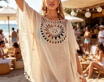 Bohemian Crochet Tassel Beach Cover-up, Lightweight Flowy Openwork Neckline