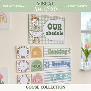 May include: A visual timetable wall display featuring a cartoon goose in a hat and floral shirt with the text Our shedule. Below are rows of square clock icons, time cards labeled 1:00, 9:00, 17:00, and rectangular activity cards labeled Cooking, Reading, and P.M.P.