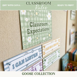 May include: A set of rectangular classroom signs featuring a green gingham background with white flowers and the text Classroom Expectations, along with smaller signs displaying I Can Listen, I Can Be A Helper, and I Can Share With Friends.