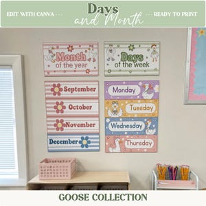 May include: A set of educational wall posters featuring illustrations of geese, flowers, and text for Month of the year, Days of the week, September, October, November, December, Monday, Tuesday, Wednesday, and Thursday in pastel colors.