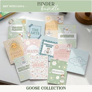 May include: A collection of binder cover inserts featuring pastel-colored designs with illustrations of geese, flowers, and suns. The text includes labels such as Teacher Planner, The Arts, History, Science, Student Data, Math, Substitut Binder, Attendance Manual, Small Group Instruct, IEP & 504, Geography, and HASS.