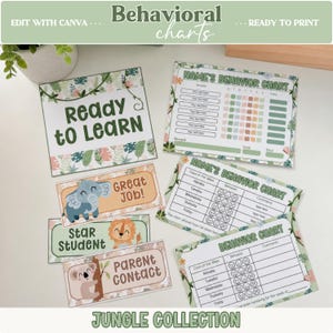 May include: A collection of printable behavioral charts and reward cards featuring jungle animal illustrations, including an elephant, lion, and koala. The set includes charts labeled Name's Behavior Chart and Ready to Learn, with green and earth-toned botanical accents.