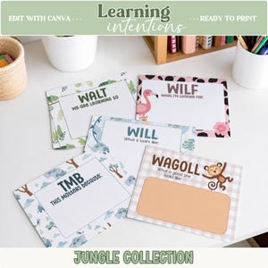 May include: Four rectangular educational cards featuring jungle-themed illustrations and text. The cards are labeled WALT We Are Learning To, WILF What I'm Looking For, WILL What It Looks Like, and WAGOLL What A Good One Looks Like, with TMB This Matters Because.
