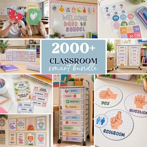 May include: A digital classroom decor bundle featuring printable posters, labels, and organisational charts. The collection includes daily schedule cards, rolling cart drawer labels, number line displays, and hand signal signs with text like Welcome Back to School.