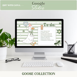 May include: A computer monitor displaying a digital slide with a light green and white striped background. A white goose wearing a pink party hat holds a blue balloon. A white note with the text To do: and a list of daily tasks is visible.