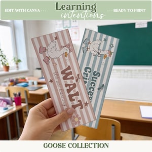 May include: Two rectangular classroom signs featuring striped backgrounds and cartoon goose illustrations. One sign is pink with the text WALT We are learning to, and the other is blue with the text Success Criteria. Both include small star and flower icons.