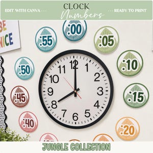 May include: A round wall clock with a black frame, white face, and black numerals, surrounded by circular leaf-shaped labels featuring minute markers from :00 to :55. The text "CLOCK Numbers" and "JUNGLE COLLECTION" appears at the top and bottom.