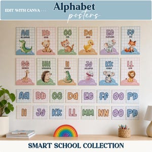 May include: A set of alphabet posters featuring illustrations of animals and creatures for each letter from A to P, displayed in a grid on a wall. The posters include uppercase and lowercase letters, animal names, and a light blue and white checkered background.