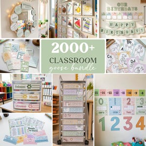 Puede incluir: Un paquete digital de decoración para el aula que incluye pósteres educativos, tarjetas del alfabeto, calendarios de cumpleaños, líneas numéricas y etiquetas para cajones en tonos pastel con ocas y el texto 2000+ CLASSROOM goose bundle.