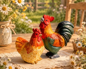 Hand Carved Wooden Rooster Hen Set, Hand-Painted Basswood Farm Animal Decor