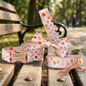 May include: A light pink pet collar with a floral pattern, a rose gold buckle engraved with the name Daisy and the phone number 123-456-789, a matching bow tie, and a leash with a rose gold metal clasp, all featuring a colorful flower print.