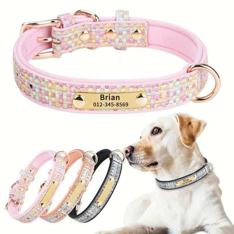 Tweed Fabric Dog Collar With Custom Engraved Name Plate, Soft Leather Lining, Alloy Buckle Adjustable Collar for Small Medium Large Dogs