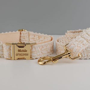 Custom Engraved Floral Lace Dog Collar Set, Elegant Lace Harness and Leash with Gold or Rose Gold Hardware for Pet Walking