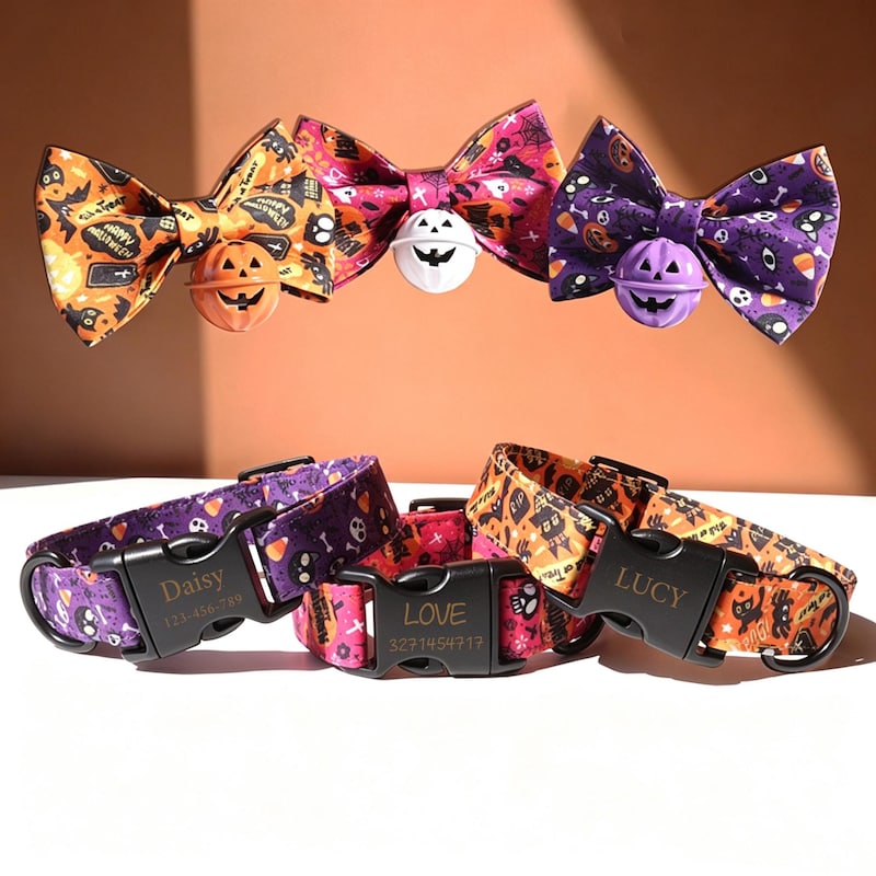 Halloween Printed Dog Collar with Pumpkin Bell, Custom Engraved Buckle, Detachable Bowtie Adjustable Collar for Small Medium Large Dogs
