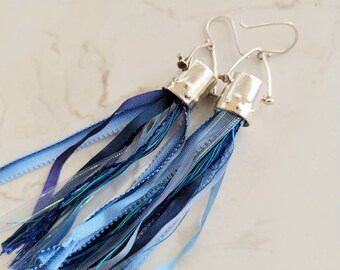 Blue Ribbon Tassle Sterling Silver Earrings
