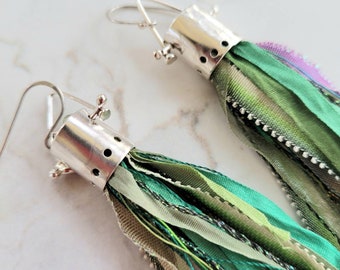 Green Ribbon Tassle Sterling Silver Earrings