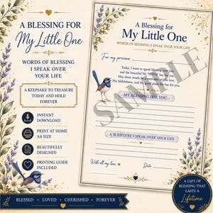 Peut inclure: Un document imprimable au format A4 intitulé A Blessing for My Little One, avec du texte bleu, des illustrations de lavande et un petit oiseau bleu. Le modèle inclut des lignes pour écrire une bénédiction, un verset, un nom et une date.