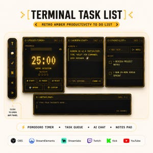 Tasklist Widget Pomodoro Coworking Timer Twitch OBS | Kick Terminal Retro To Do List Streamer Chat | Study Stream Subathon StreamElements