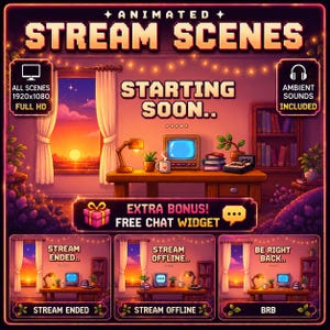 Twitch Stream Overlay Bundle Lofi Cozy Room Sunset | Animated Pixel Desk Starting Soon BRB Offline Ended | YouTube Kick OBS Aesthetic VTuber