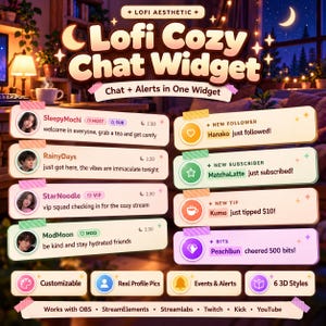 May include: A Lofi Cozy Chat Widget graphic featuring chat messages from users like SleepyMochi and RainyDays, alongside alert boxes for followers, subscribers, tips, and bits. The design includes icons, text labels, and a bottom bar listing compatibility.