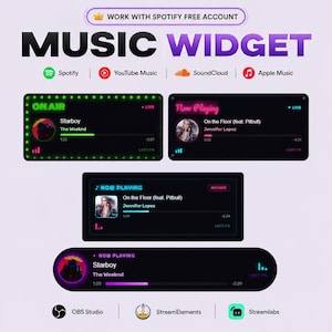 May include: A digital music widget display featuring four distinct interface designs for streaming services. The graphic includes text labels like MUSIC WIDGET, ON AIR, and NOW PLAYING, alongside icons for Spotify, YouTube Music, SoundCloud, and Apple Music.