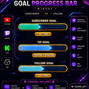 Puede incluir: Un widget de barra de progreso de objetivos animado para streaming con fondo oscuro y detalles de neón. Incluye barras de progreso para suscriptores, propinas y seguidores, con etiquetas de texto como YouTube, Twitch, Kick y OBS. Incluye widgets de chat y superposiciones.