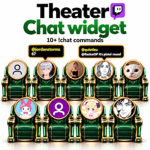 Pode incluir: Um widget de chat digital Theater para Twitch com nove poltronas de cinema verdes e douradas dispostas em duas fileiras. Cada poltrona exibe um ícone de perfil circular, incluindo personagens de anime, um gato e avatares com texto.